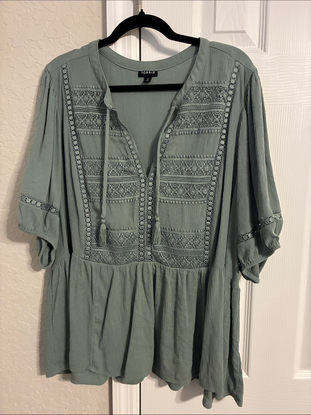 torrid sage green crochet peasant tunic